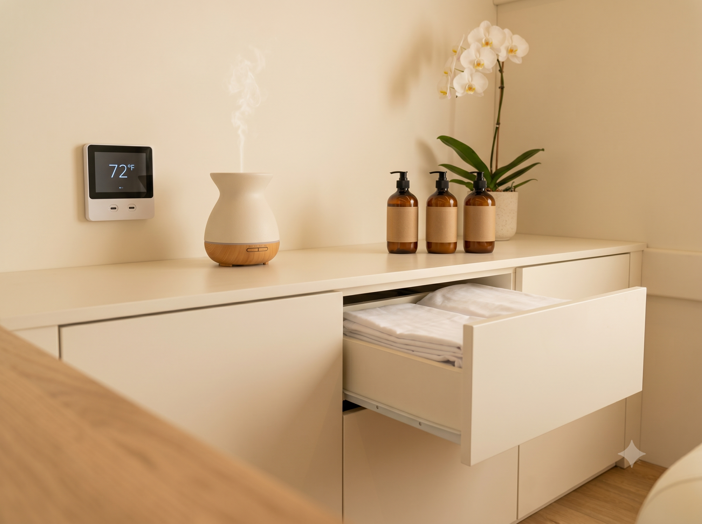 Climate touchscreen set to 72°F, ceramic aroma diffuser and a hidden linen drawer