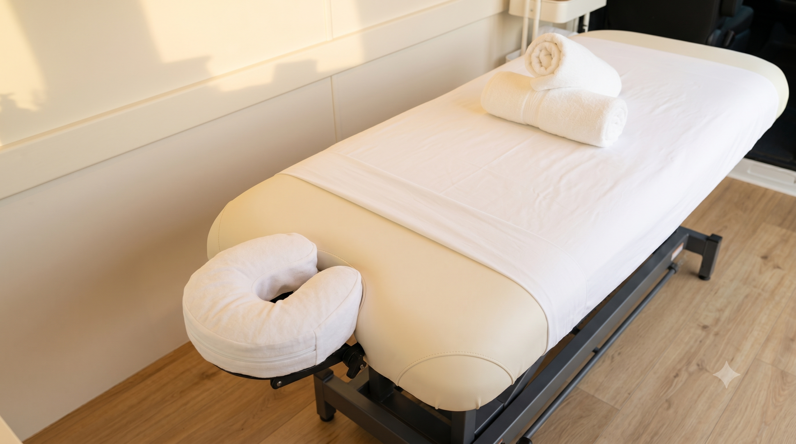 Heated motorized massage lift bed with face cradle and rolled white towels