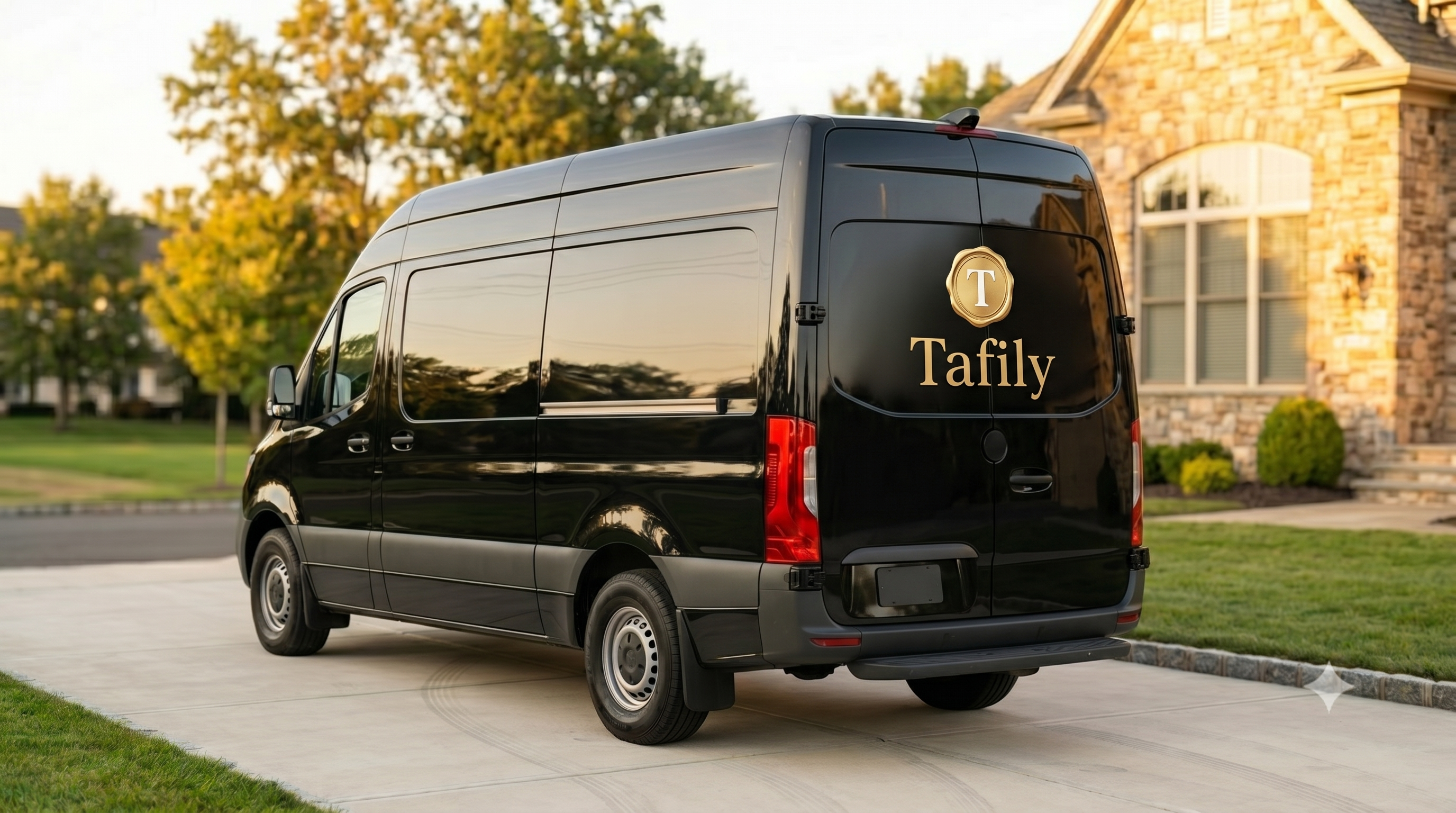 Tafily black Mercedes-Benz Sprinter mobile massage van parked in a New Jersey driveway at golden hour