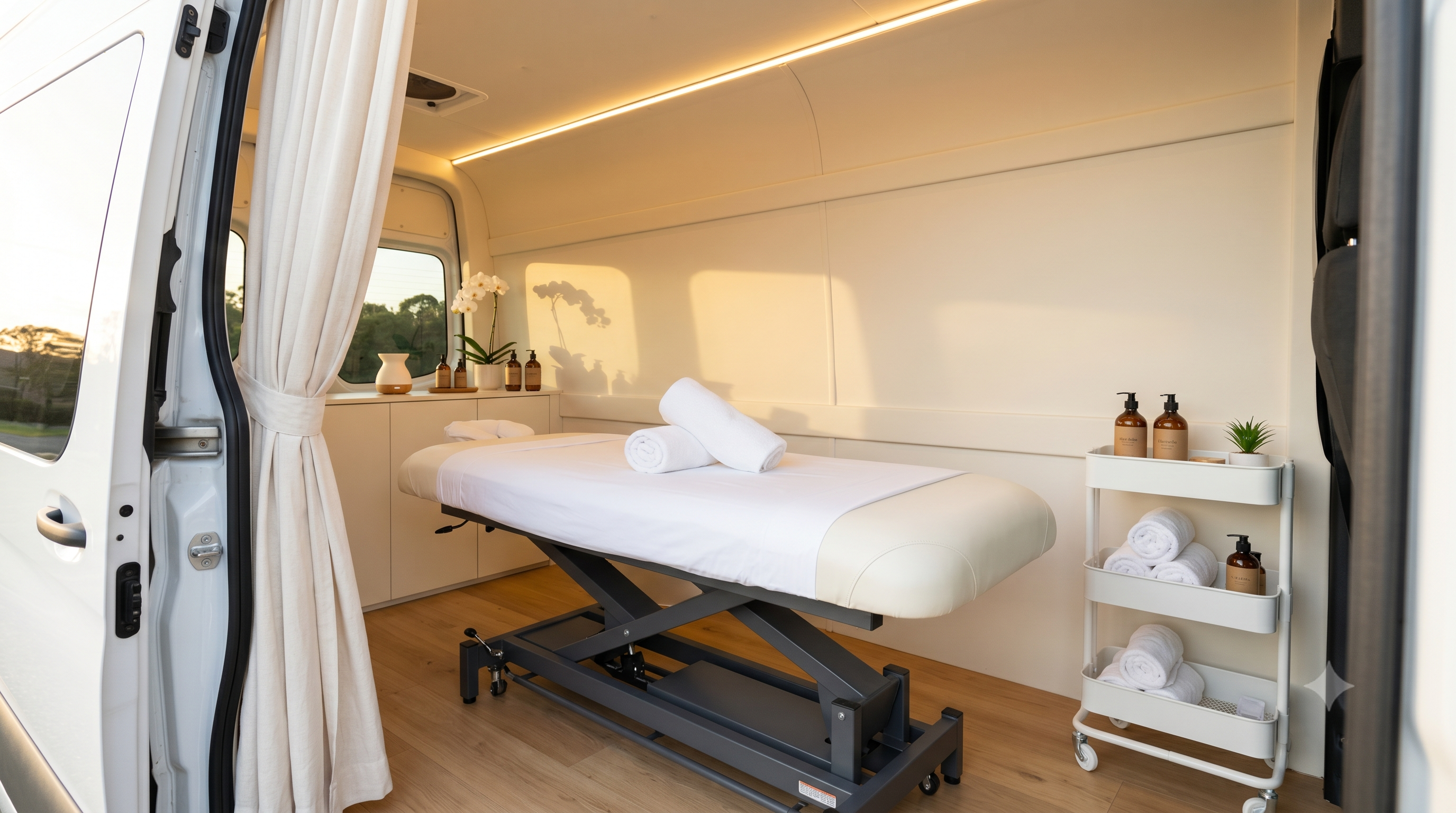 Wide interior of the Tafily massage pod — lift bed on charcoal base, amenity trolley, warm daylight