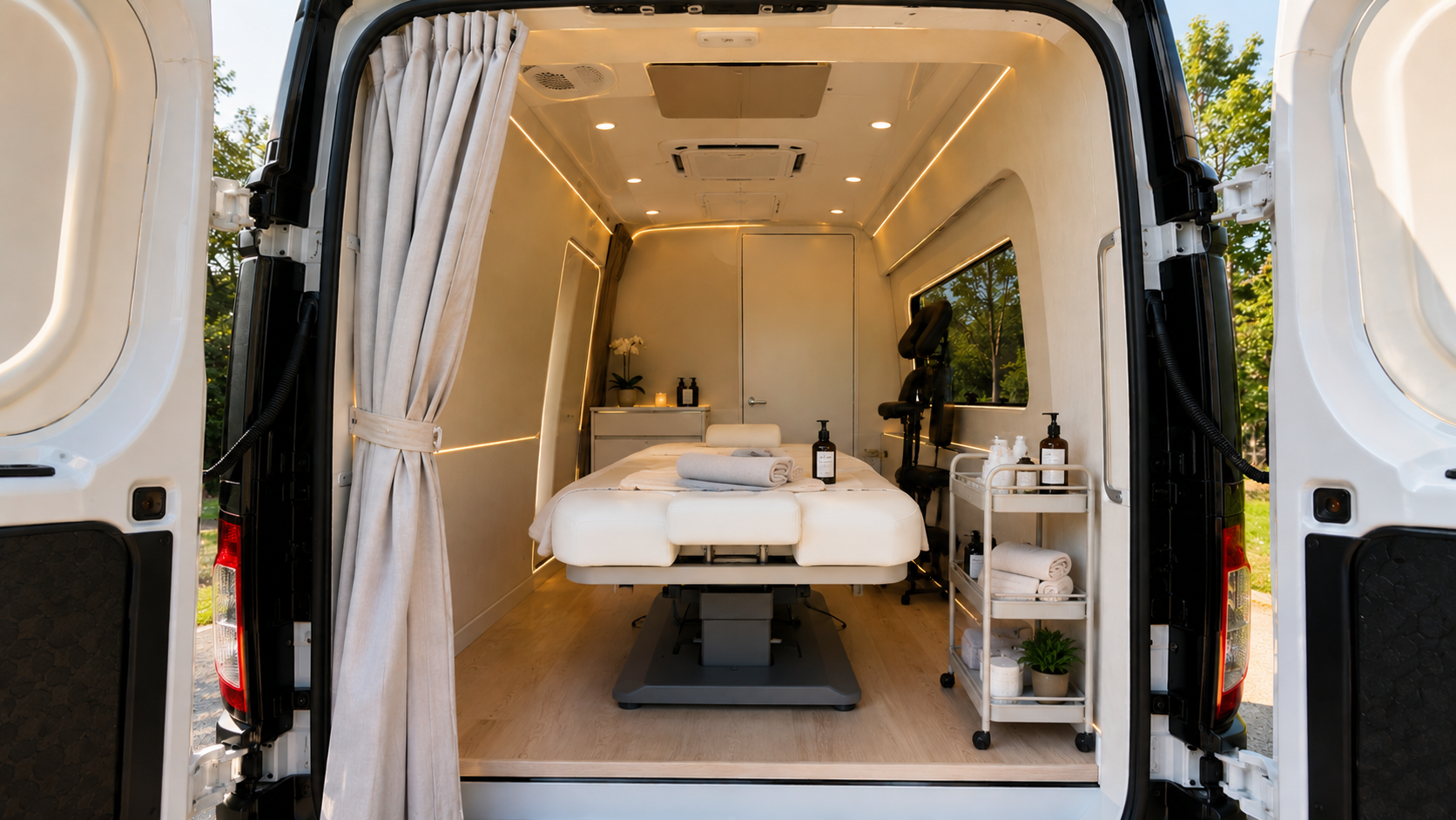 Tafily pod with rear doors open — bright interior, lift bed, gold ambient lighting