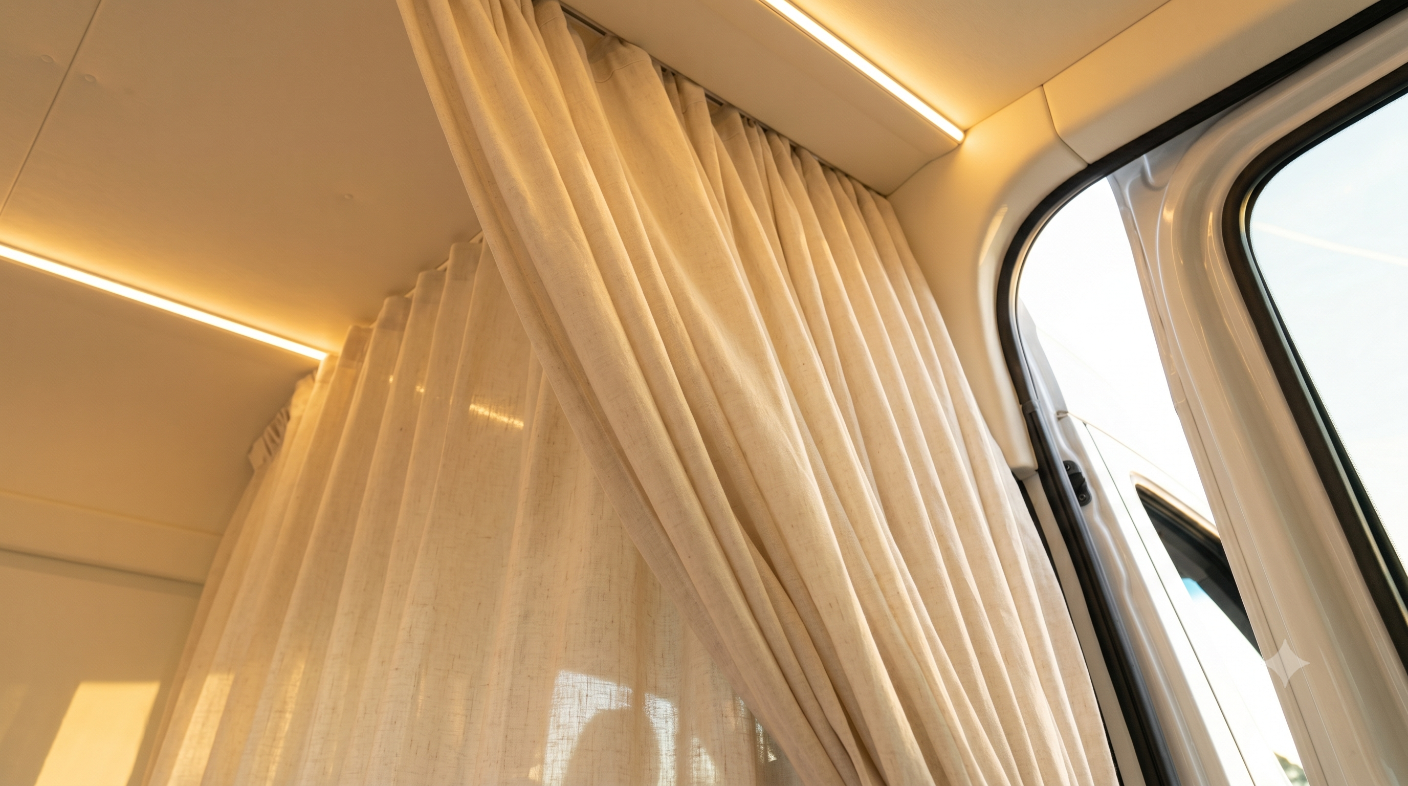 Linen privacy curtain and warm gold ambient lighting inside the pod