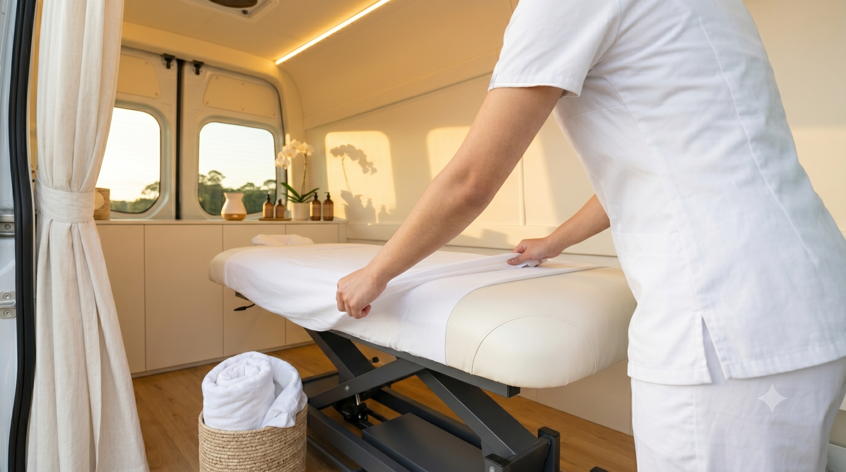 Fresh linens changed before every Tafily session — hotel-level hygiene