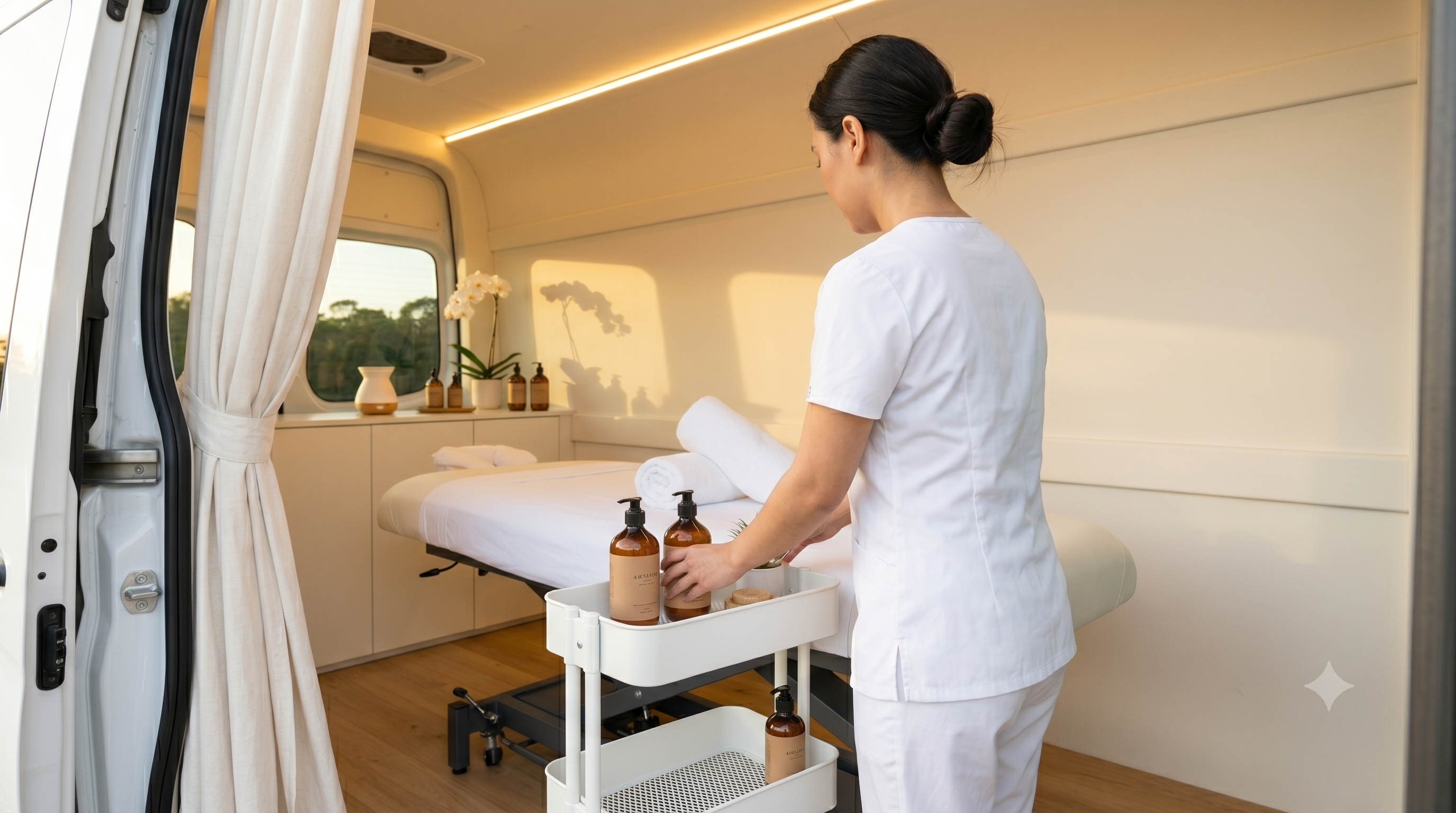 Licensed New Jersey massage therapist preparing oils inside the Tafily pod
