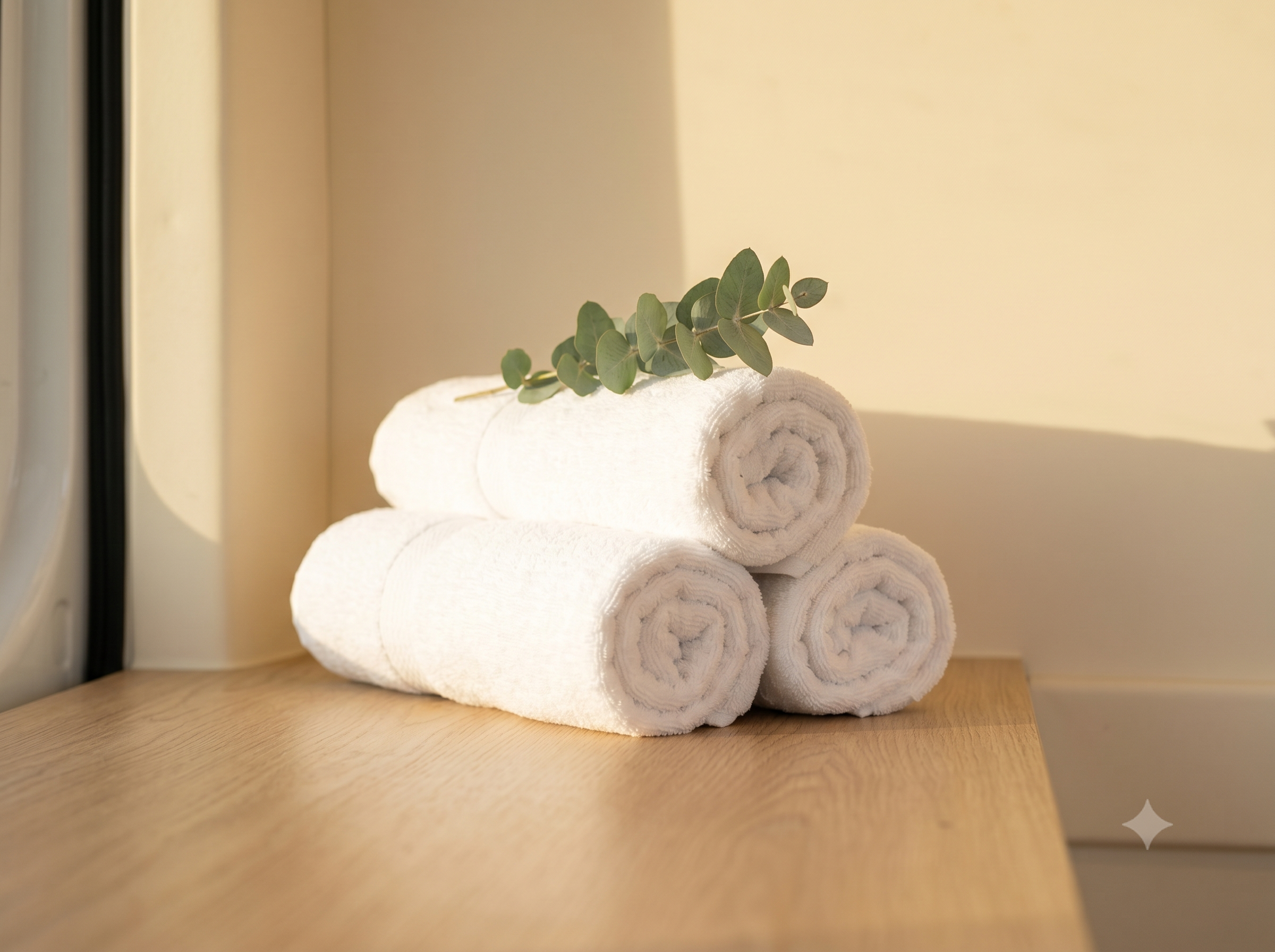 Rolled white spa towels with a sprig of fresh eucalyptus